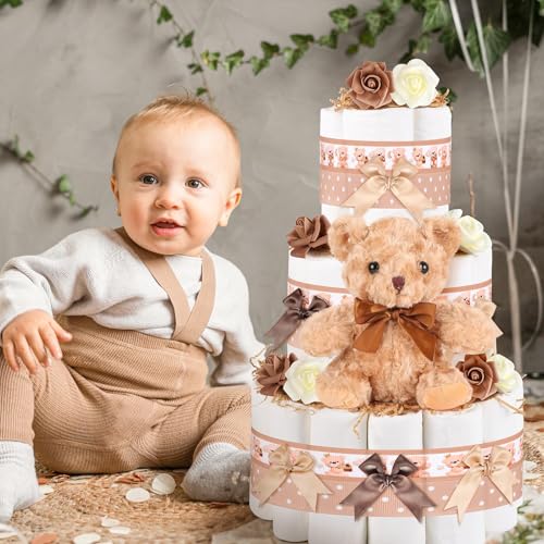 23 Pcs Diaper Cake Kit Baby Shower Bear Diaper Cake Decorations Baby Shower Diaper Cake Supplies Teddy Bear Diaper Cake Set for Birthday Party Supplies Table Centerpiece Decoration (Bear, Large)