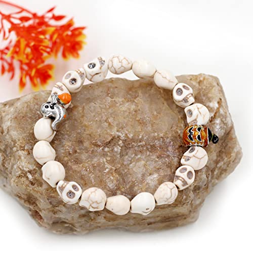 Image of Uloveido Halloween Bracelets for Men Women Black White Skull Stone Bracelet Charm Ghost Pumpkin Lamp Bat Design Bracelets