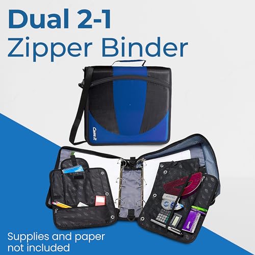Case-it The Dual 2-in-1 Zipper Binder | Two 1.5-Inch D-Rings, 600 Sheet Capacity, Pencil Pouch & Multiple Pockets | School & Office Organizer with Shoulder Strap | Dual-101 Midnight Blue