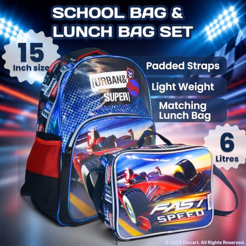 Image of School Bag Combo Set for Girls - 5 in 1 Back to School Hamper with Backpack, Lunch Bag, Tiffin Box, Water Bottle & Pencil Pouch - Complete School Essentials Gift Set for Kids (Race)