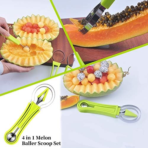 5Pcs Melon Baller Scoop Set, 4 in 1 Stainless Steel Fruit Scooper Seed Remover Cutter, Double Sided Melon Baller Spoon, Avocado Cutter, Watermelon Fruit Tools for Dig Pulp Separator Fruit Slicer