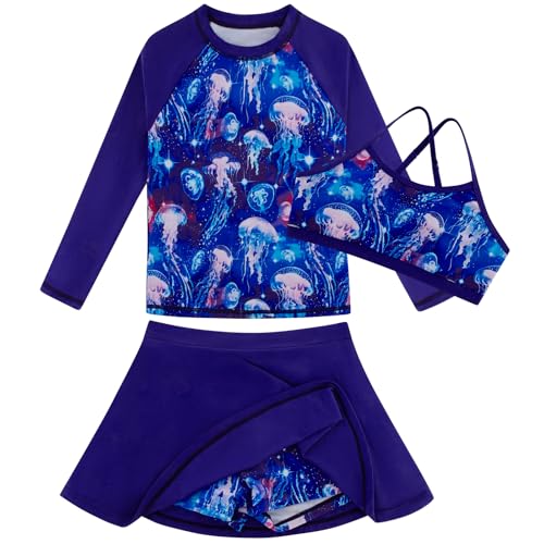 Image of Girls Swimsuit Long Sleeve Swim Shirt 3 Piece Rash Guard for Girls Bathing Suit with Boyshorts
