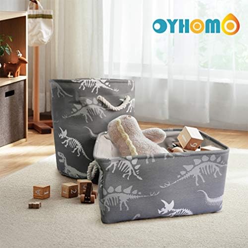 OYHOMO Collapsible Storage Basket Thickened Canvas Fabric Storage Box Grey Dinosaur Shelf Basket Organizer with Handles, 15.7x11.0x8.7 Inches, Rectangular