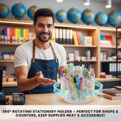 Image of Spinning Desk Caddy Organizer Clear | 360 Rotating Desk Organizer Acrylic Pen Holder & Marker Organizers | 6 Slots Rotating Organizer & Spinning Organizer for Shops, Classroom, Vanity, Desk