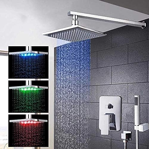 Panel de ducha para baño de 10 pulgadas con LED, lluvia y cascada, montado en pared, juego de ducha con rociador de mano miniatura 1