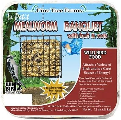 BestNest Pine Tree Farms Le Petit Mealworm Banquet Seed Cakes – 12 Pack of 7.5 oz Bird Seed Cakes with Mealworms, Nuts & Seeds – Protein-Rich Blend for Wild Birds – Use in Suet or Seed Feeders