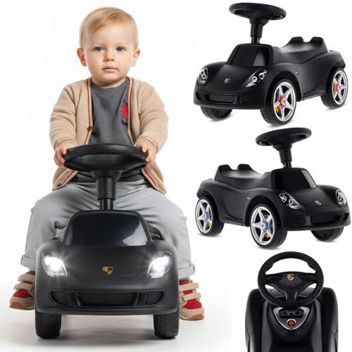 sun baby Rutschauto ab 18 Monaten – Porsche Carrera GT – Lenkrad mit Knöpfen, Scheinwerfer, realistische Aufkleber, bis 30 kg, Schwarz