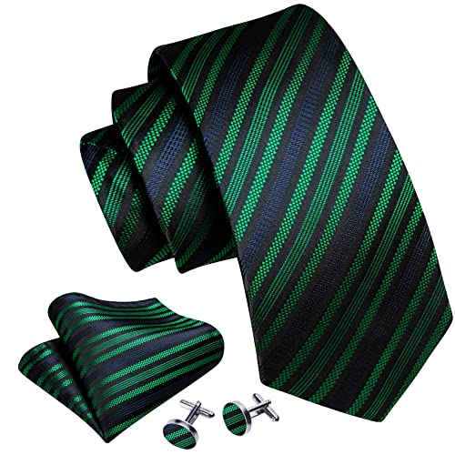 Image of Barry.Wang Man Stripe Ties Set Silk Woven Pocket Square Necktie Cufflinks Formal Party Business
