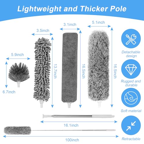 Image of Duster for Cleaning 5-in-1 Kit, 100 Inches Duster with Extension Pole, Extendable Duster, Microfiber Feather Duster, Cobweb Dusters for High Ceilings, Furniture, Blinds, Wall- Grey
