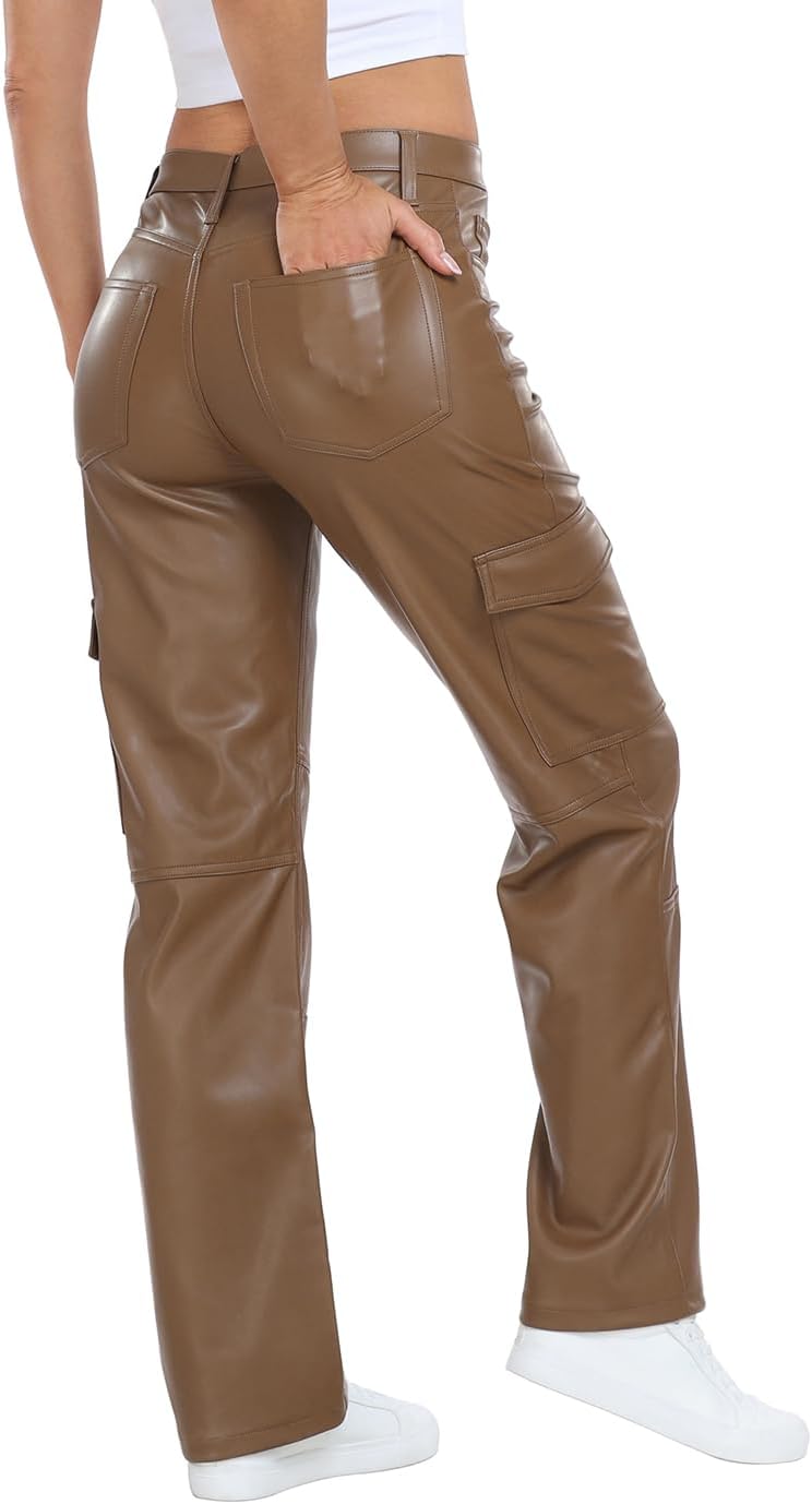 HDE Women's Faux Leather Cargo Pants with Pockets High Waisted Y2K Relaxed Pant - Image 4