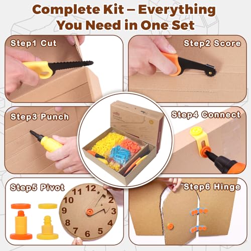 Image of Cardboard Construction Kit - 401 PCS Kids Building Set with Safe Serrated Cutter, Crease Roller, Screws & Nuts, STEM Upcycled Tool for DIY Cardboard Projects, Engineering & Creativity