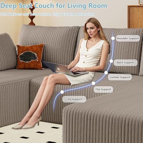 Image of 96 inch W Cloud Sectional Couch with Ottoman,Modern U-Shaped Cloud Couch with Deep Seat,Comfy Corduroy Sofa,Memory Foam Sofa for Living Room,No Assembly (Camel,Left-Facing Chaise)