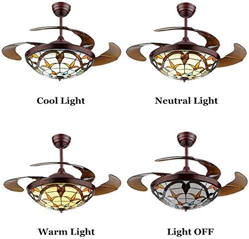 Afanqi 42" Tiffany Style Ceiling Fan Chandelier With Remote Control Variable Led Lighting And Adjustable Wind Speed, Automatic Telescopic Invisible Chandelier(42"-Red Brown) #TOP6