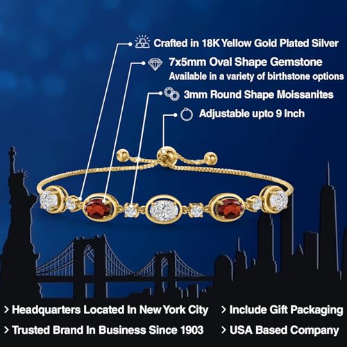 Gem Stone King 18K Yellow Gold Plated Silver White Lab Grown Diamond and Red Garnet Bracelet For Women | 4.10 Cttw | Gemstone April Birthstone | Oval 7X5MM | Fully Adjustable 9 Inch2