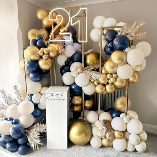 Image of Chrome Balloons, 50pcs Navy Blue Gold Chrome Metallic Balloons | Navy Blue Sand White Metallic Gold Balloon Garland Kit for Boys Men Birthday Wedding Anniversary Decoration