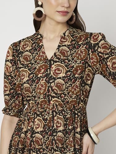 Image of Women's Floral Summer Maxi Dress I Cotton Printed I One Piece Bodycon Midi Dress with V-Neck, Puffed Sleeves