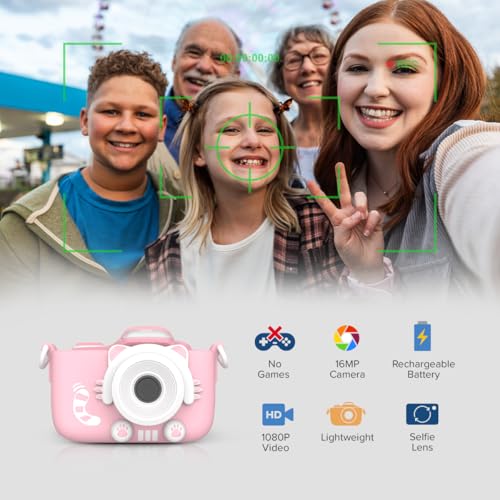 Image of myFirst Camera 3 - Kids Digital Camera, Video Camera for Toddlers, 16MP, 1080HD Video, MicroSD Card, with Selfie & Macro Lens, LED Flash, Neck Lanyard, for Kids 3-12 (Pink)