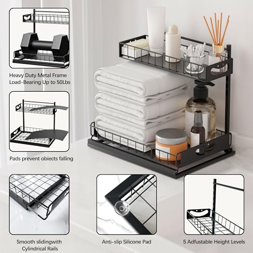 Uninol Under Sink Organizer with Pull-Out Drawers,Kitchen Sink Organizer,2 Tier Bathroom Organizers And Storage,Bathroom Accessories Set,Black 2 Pack by Uninol - Used condition - Image 6