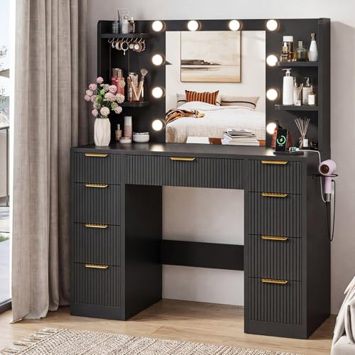 Devoko Moderner Schminktisch mit Beleuchtung & Steckdose Großer Frisiertisch mit Spiegel 9 Schubladen Vanity Desk mit Haartrocknerhalterung Make-up Tisch Schwarz