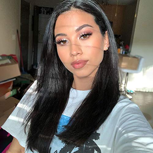 WIGNEE Lace Part Virgin Human Hair Wig Middle Part Straight Glueless Brazilian Human Hair Natural Black Wig (lace part 16 Inch)