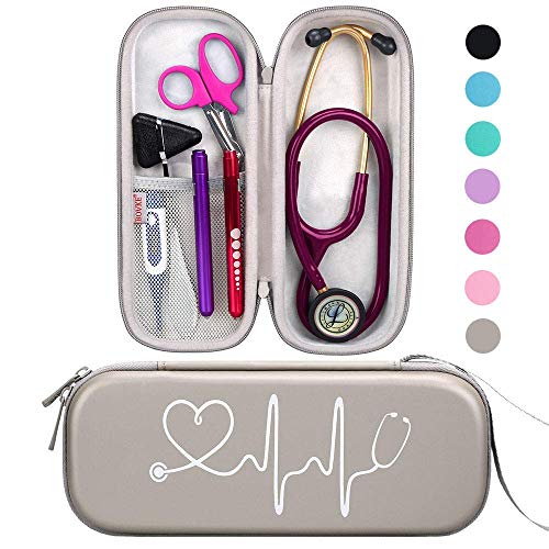 BOVKE Travel Carrying Case for 3M Littmann Classic III, Lightweight II S.E, MDF Acoustica Deluxe Stethoscopes - Extra Room for Medical Bandage Scissors EMT Trauma Shears and LED Penlight, Grey