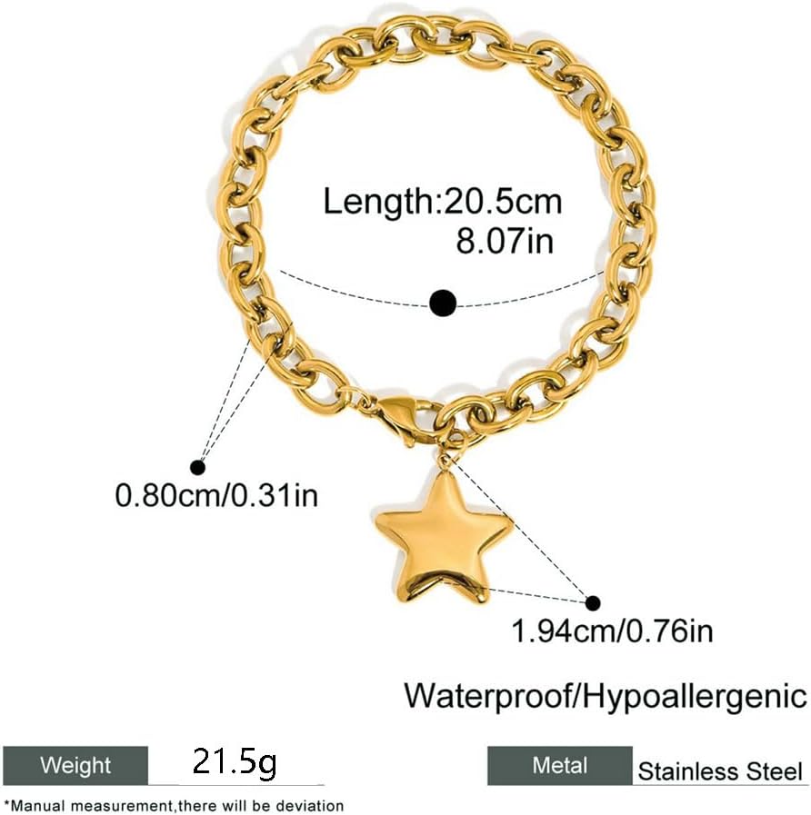 Chunky Star Link Bracelets for Women Dainty Minimalist Gold Plated Star Charm Thick Paperclip Chain Bangle Adjustable Stainless Steel Fashion Trendy Jewelry for Her Bff 8" - Image 2