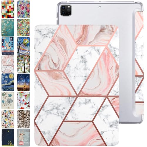 Image of DuraSafe Cases for iPad PRO 12.9 Inch 5th 4th [ Pro 12.9 4 5 Generation 2020 2021 ] A2378 A2461 A2379 MHNR3HN /A MHNT3HN /A Trifold Printed PC Lightweight Protective Clear Back Cover - Marble Pink