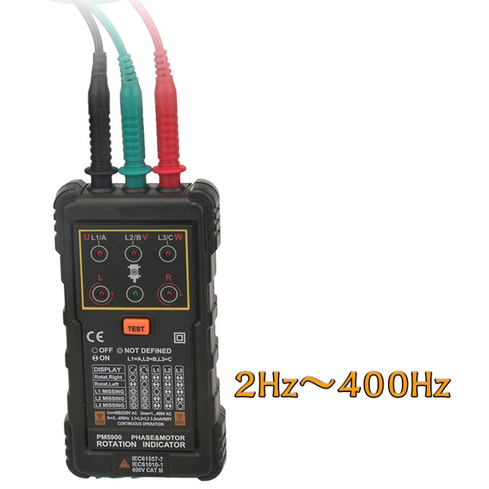 Wskaźnik obrotu fazy silnika PM5900 do systemów trójfazowych, zakres napięcia 120 V-400 V, bezdotykowe wykrywanie obrotów silnika, wizualne wskazanie kierunku R/L, dla bezpieczeństwa CE CAT
