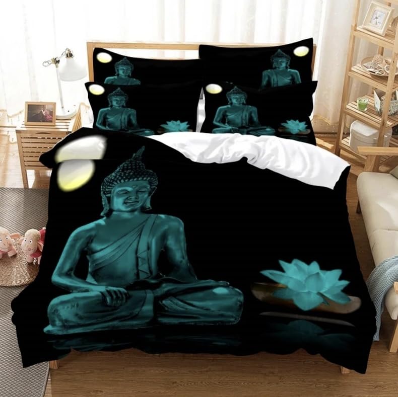 Housse de couette 140x200 bouddha noir parure de lit 3D decoration chambre 3 pièces