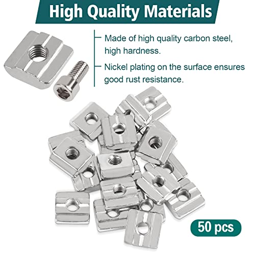 Yeepeo 50 Stück Nutensteine M6, Serie 2020 M5 Nutsteine Set T-Nut Typ B, Kohlenstoffstahl T Nutenstein und Innensechskantschraube Steckverbindersatz für Aluminiumprofil-Extrusionsschlitz