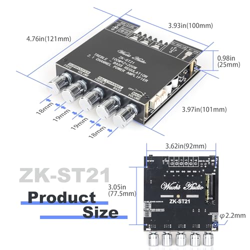 Image of ZK-ST21 TPA3221 Bluetooth Power Amplifier Board with Subwoofer 2.1 Channel 100Wx2+200W, 12V-30V Audio Power Amplifier Module with Treble and Bass Control