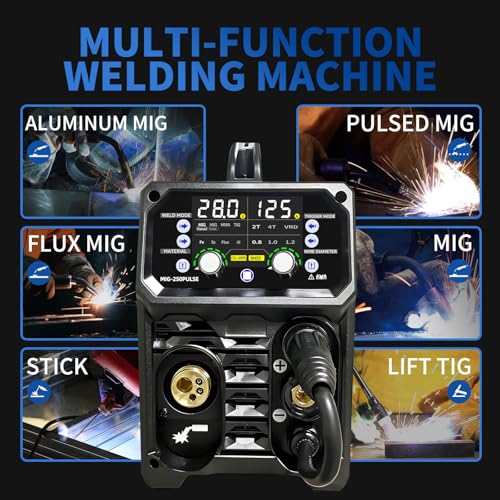 Aluminum MIG Welder with Pulse 250A 5 in 1 110V/220V Dual Voltage with 2T/4T Synergic Multifunctional Welding Machine Pulsed MIG/Gas MIG/Flux Core//Stick/Lift TIG Large LED Display Wire Feed Welder by Hansnoktech - Image 2