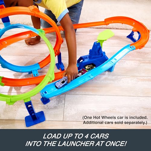 Image of Hot Wheels Toy Car Track Set, Stunt Tracks Rapid Cyclone Playset with 1:64 Scale Die-Cast Vehicle, 2 Loops & 2 Crash Zones, Speed Snap Track