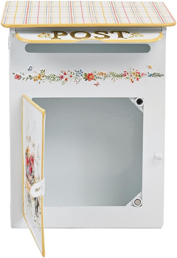 Mailbox Vintage Floral Wall Mount Mailbox for Outside, White Metal Post Box with Bird and Butterfly Design, Decorative Antique Style Mail Drop Box for House（Yellow）