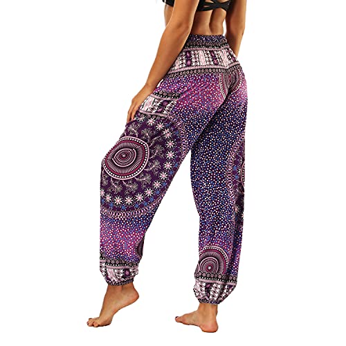 Lu's Chic Women's Boho Pants Harem Smocked Waist Yoga Hippie Palazzo Summer Beach Pants Pattern5 One Size #TOP4