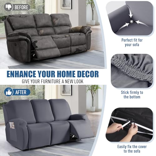 Image of TAOCOCO Stretch Recliner Sofa Covers 3 Pieces Couch Covers for 3 Seat Reclining Sofa, Soft Polyester Fabric Washable Furniture Protector Sofa Slipcovers with Pockets (3 Seat, Light Gray)