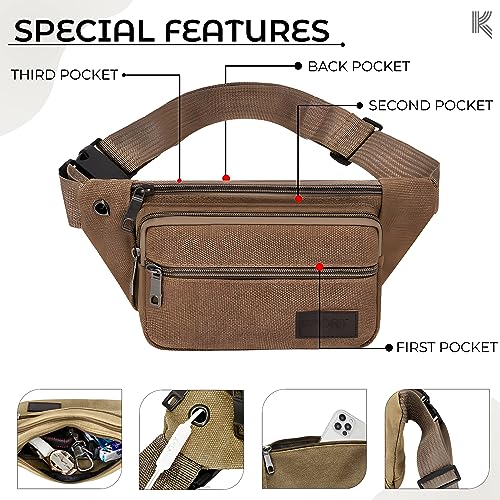 Image of Kraptick Premium Unisex Waist Bag for Men and Women - Stylish Fanny Pack, Hip Bag, Travel Money Belt (Canvas Brown)