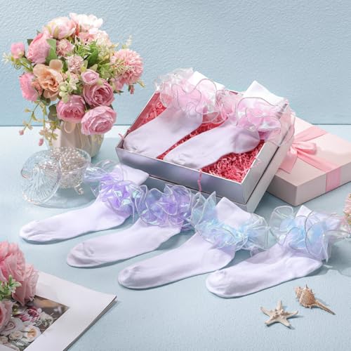 Image of Geyoga 3 Pairs Women Big Ruffle Socks Turn Cuff, Double Lace Ankle Cotton Frilly Socks for Ladies Summer