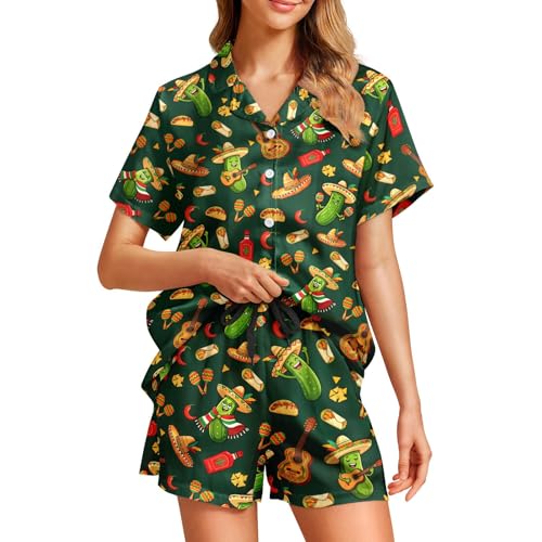 Image of Funny Pajamas for Women Set Print Satin Loungewear Pjs Short Sleeve Button Down Top and Shorts Sets Sleepwear XS-3XL