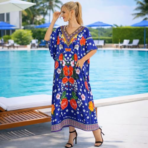 Image of Miss Lavish London Blue Floral Kaftan Dresses for Women V Neck Batwing Sleeve Maxi Beach Cover Up, Ethnic Print Plus Size Caftan with Side Slits & Pockets, Womens Resort Wear Swim Coverup-Blue-XL