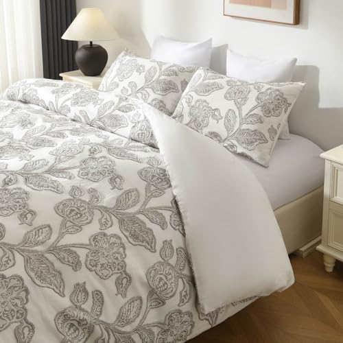 Duvetex Juego de funda de edredón 100% algodón floral, tamaño individual, para todas las estaciones, juego de ropa de cama de 2 piezas con bordado estético Shabby Chic (gris, individual, 68 x 92