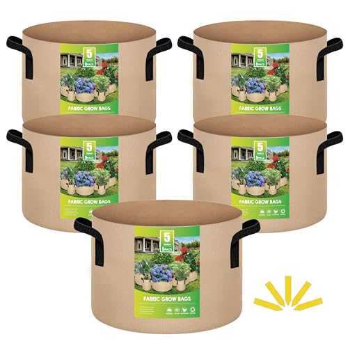 Image of iPower 5 Pack 5 Gallon Tan Grow Bags, Garden Planting Nonwoven Fabric Pots with Reinforced Handle, Heavy Duty and Aeration Planter Pot for Tomato, Fruits, Vegetables and Flowers