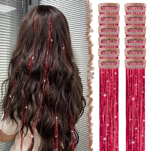 FESHFEN Extensions Cheveux Pailletées Clip-in 12 Pièces Tinsel Hair Extensions Colorées, Brillant Fairy Hair Kit Fête Accessoire Femme, Rouge 50 cm