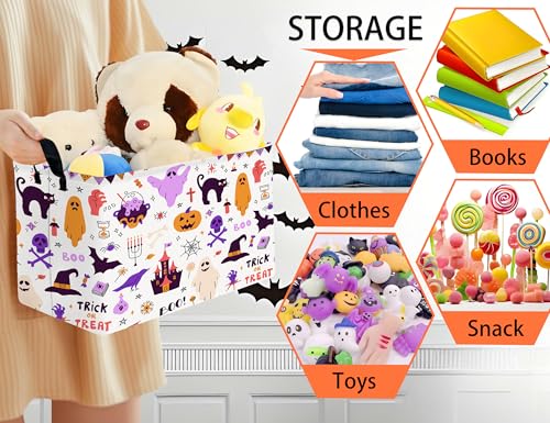 Image of Large Halloween Themed Candy Gift Boo Basket for Kids Baby Personalized Adults Storage Bin Fall Decor(Purple Skull Castle Cat Spooky)