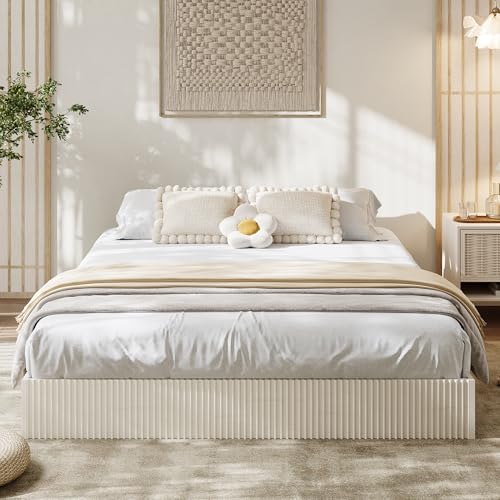 Image of GarveeHome Full Size Bed Frame, Wood Platform Bed, Fluted Bed Frame, Minimalist Bed Base with Low Profile Design, Noise-Free, Easy Assembly, No Box Spring Needed, Cream White
