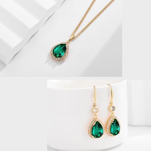GULICX Crystal Jewelry Set for Women, Teardrop Statement Necklace and Sterling Silver Dangling Earrings Set, Wedding Prom Party Jewelry for Mother Bride Bridesmaids(14K Gold Plated - Green Rhinestone)