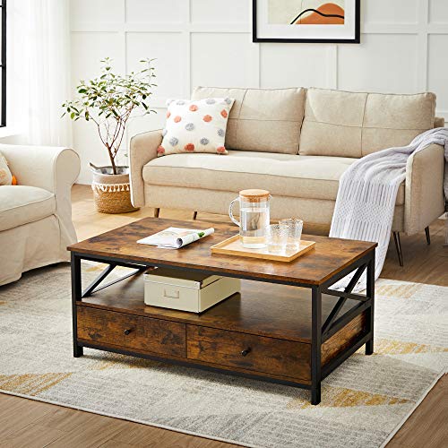 Winhome Rustic Coffee Table for Living Room - Farmhouse Retro Center Table Brown Furniture with...