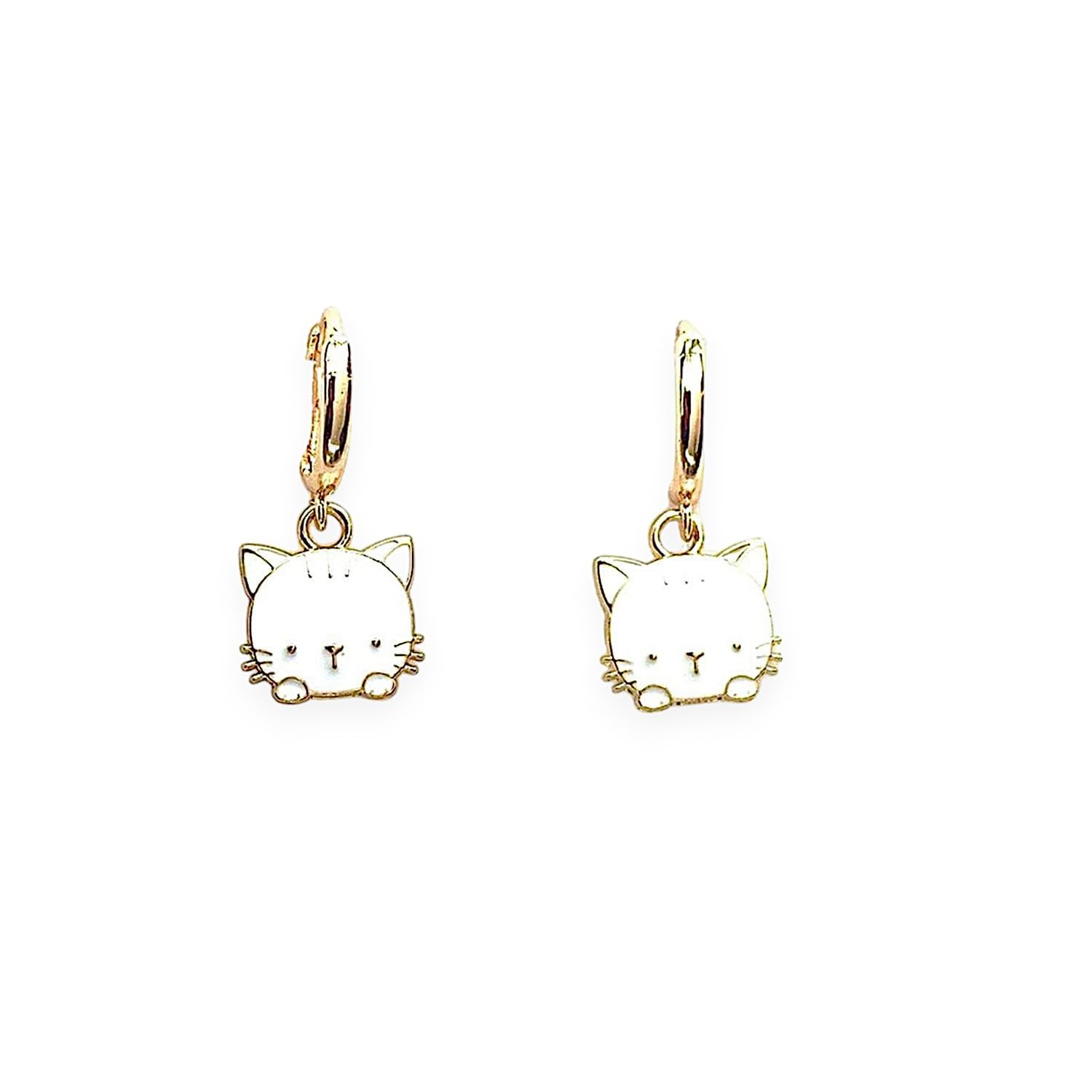 ASTER ALHELÍ Pendientes Mujer Gatitos chapados en Oro en Blanco o Rosa - Aros para Niñas con Colgante en forma de Gato - Perfectos para Regalo (Blanco)