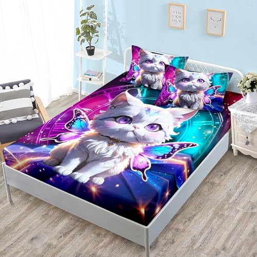 ZKTCYC Drap Housse 140x190 Bonnet 30 cm Chat de Dessin Animé Housse Matelas 140 x 190 Enfant Garçon Fille Protege Matelas en Microfibre avec Taie d'oreiller...