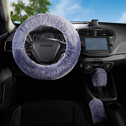 Yontree Fashion Fluffy Steering Wheel Covers for Women/Girls/Ladies Australia Pure Wool 15 Inch 1 Set 3 Pcs (Gray) - Thumbnail 3